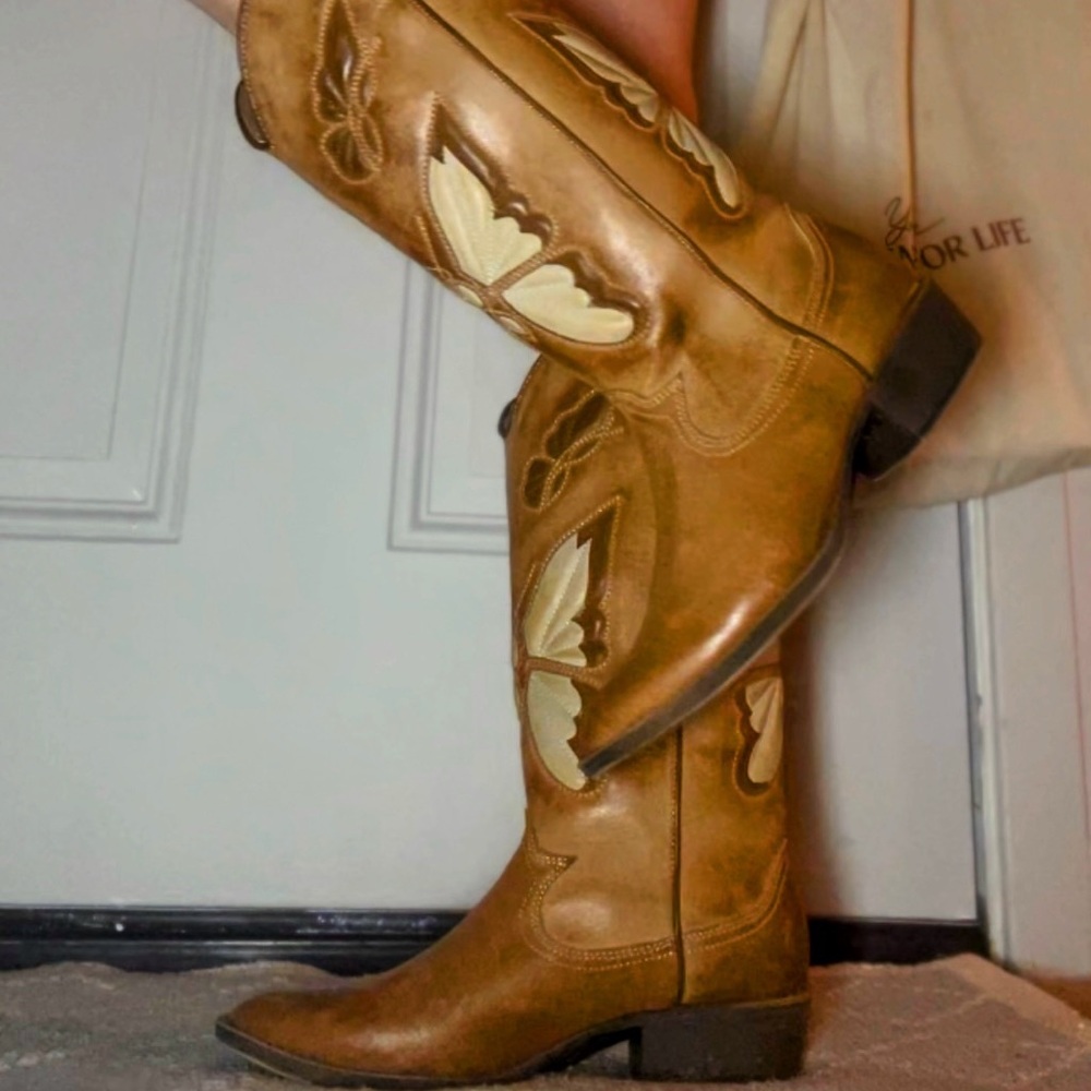 Butterfly Embroidered Tan Cowboy Boots